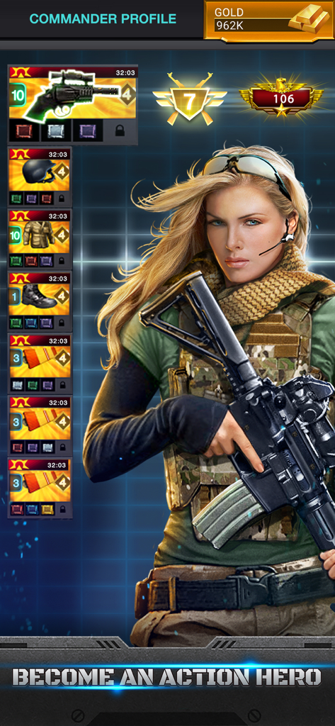 Mobile Strike - Mobile Strike commander profile showing tactical gear and female soldier