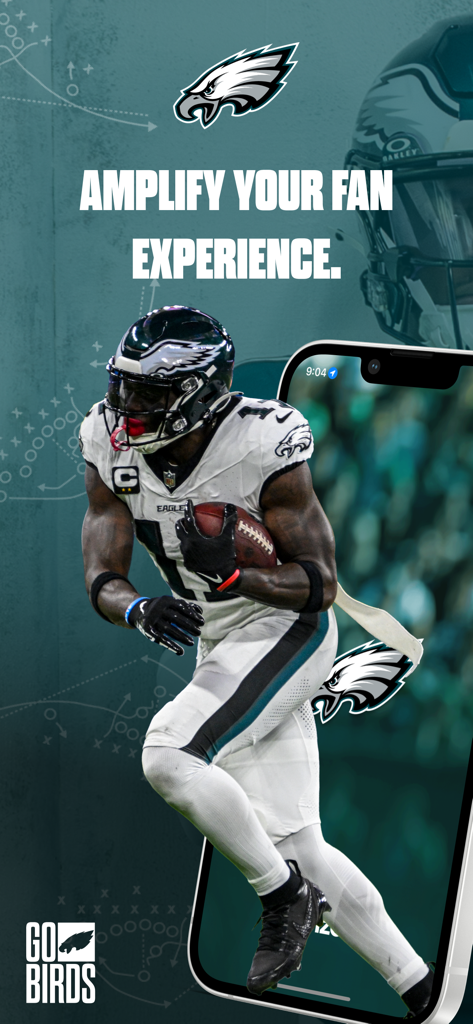 Philadelphia Eagles - Official Philadelphia Eagles app promotional screen featuring an Eagles player in action and the text Amplify Your Fan Experience
