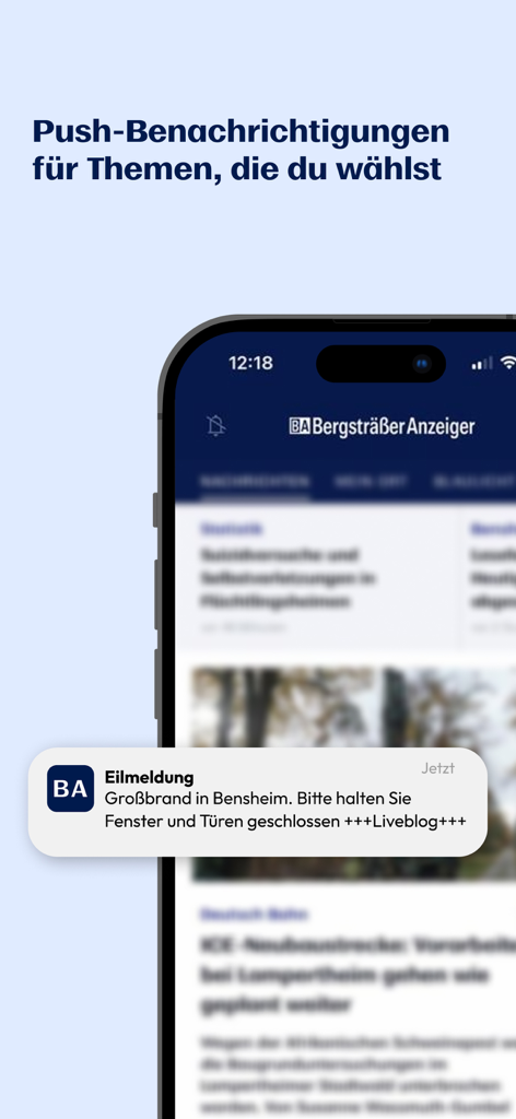 BA News - Interface do aplicativo BA News mostrando uma notificação push de última hora em uma tela de smartphone.