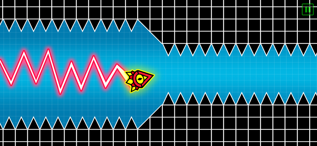 Um ícone de seta amarelo se move por um corredor azul estreito ladeado por espinhos pretos, deixando um rastro em zigue-zague vermelho.