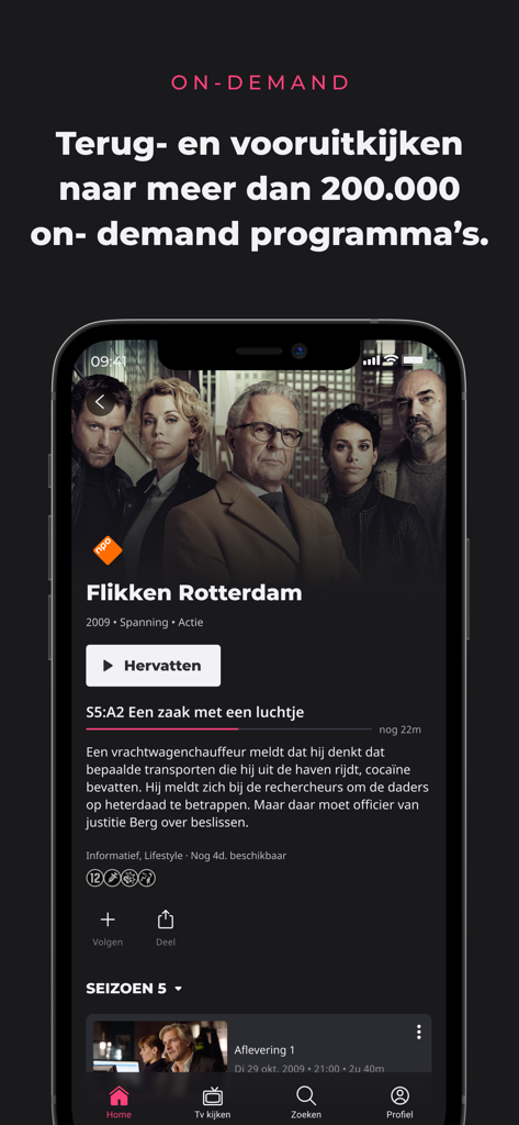 NLZIET | Online tv-kijken - NLZIET mobile app interface showing the Dutch crime drama Flikken Rotterdam on the on demand screen