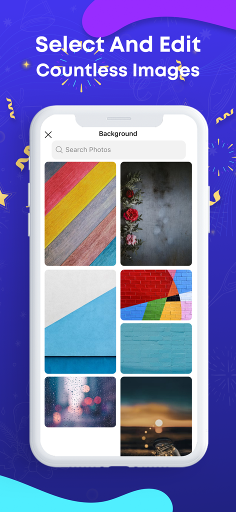 Flyer Maker · Poster Maker - Una pantalla en la aplicación Flyer Maker mostrando una biblioteca de varias imágenes y texturas de fondo para pósters.