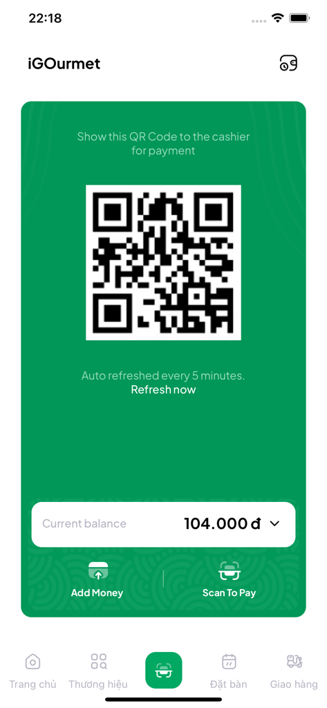 iGourmet mobile app QR code payment interface with wallet balance