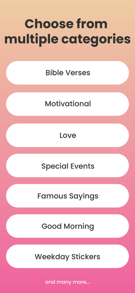 Crafto App - Tela do aplicativo Crafto mostrando várias categorias para designs de status de mídia social, incluindo Versículos Bíblicos Motivacionais e Bom Dia