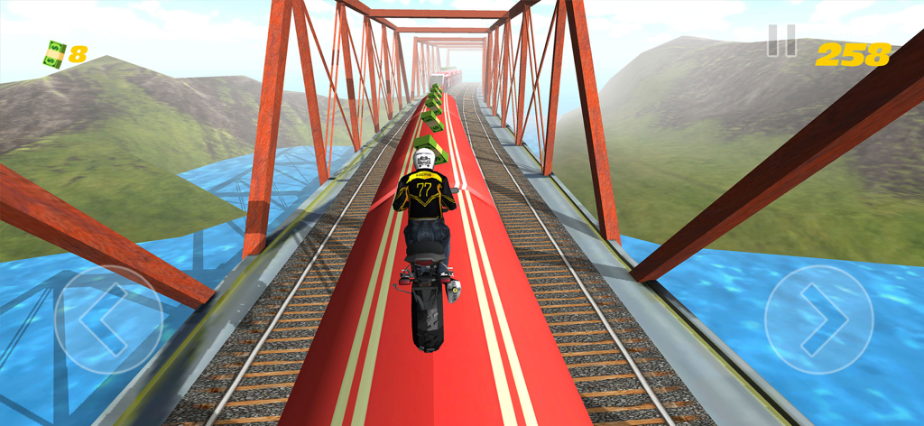 Subway Rider - Train Surfer 3D - Un motard réalise une cascade en roulant sur le toit d'un train en mouvement à travers un pont pittoresque.