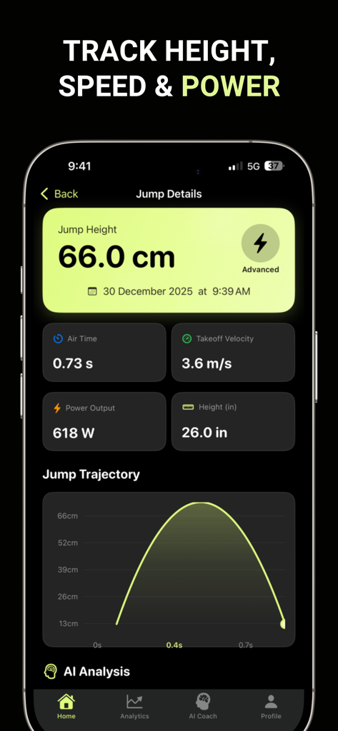 Jump Higher AI – Jump Tracker - Panel de Jump Higher AI mostrando el gráfico de altura de salto vertical, potencia y trayectoria