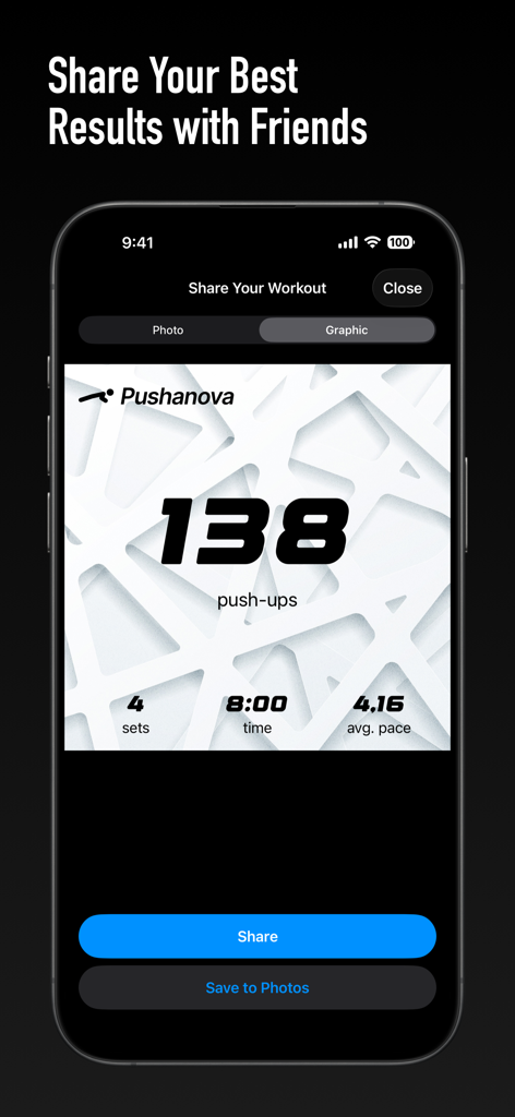Pushup Tracker: Club Pushanova - 푸쉬업 트래커 앱 화면이 8분 동안 4세트에 걸쳐 138개의 푸쉬업을 완료한 운동 요약 그래픽을 보여줍니다.