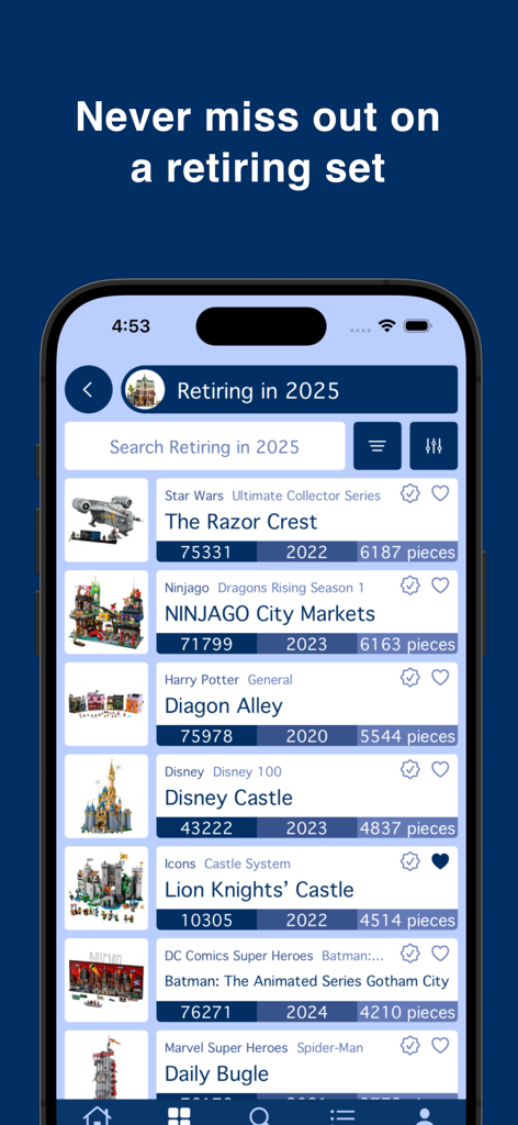 omgbricks for LEGO Sets - A list of LEGO sets retiring in 2025 displayed on the omgbricks app interface