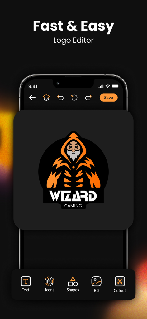 AI Logo Maker & Design Studio - Interfaz móvil de la aplicación AI Logo Maker con un diseño de logo de mago de juegos en el editor.