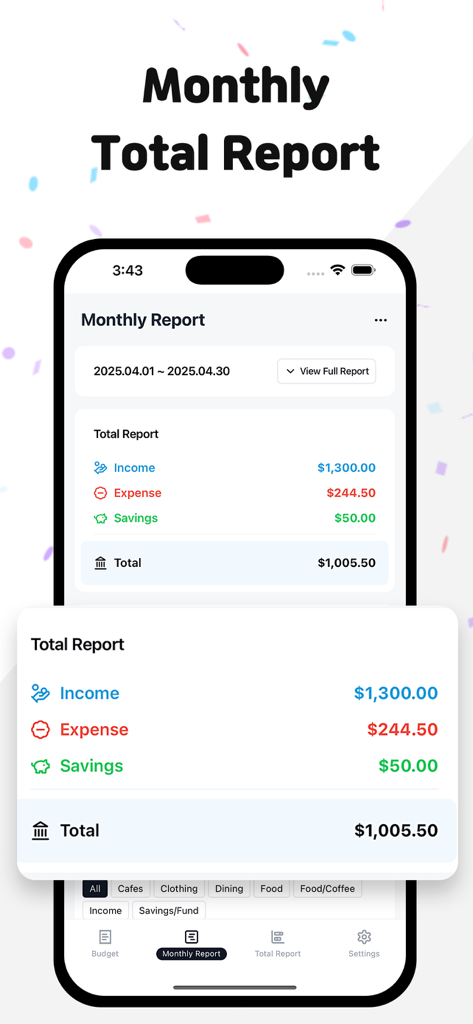 MoneyLog: Budget & Expense - Captura de pantalla de la aplicación MoneyLog que muestra un resumen financiero mensual que incluye ingresos, gastos y ahorros