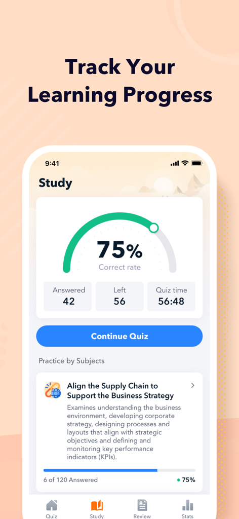 Schermata di monitoraggio dei progressi di apprendimento nell'app APICS CPIM Exam Prep che mostra statistiche sui quiz e dettagli sulla pratica dei soggetti.