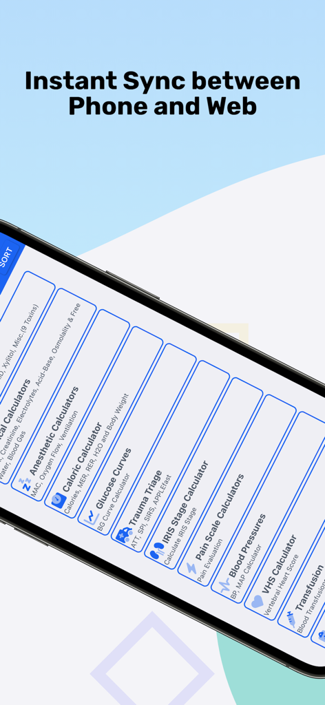 VetDrugs Veterinary Calculator - Uno smartphone che mostra l'elenco dei calcolatori veterinari dell'app VetDrugs, inclusi calcolatori calorici per anestetici e strumenti di triage per traumi.