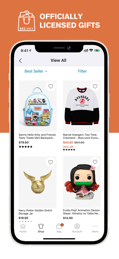 BoxLunch: Pop Culture Gifts - BoxLunch app interface showing officially licensed merchandise including a Sanrio backpack, Marvel crewneck, and Funko Pop figure.