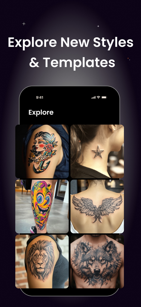 AI Tattoo Generator & Ink AI - Galerie verschiedener Tattoo-Designs, einschließlich realistischer Tiere, Flügel und farbenfroher Kunst, die auf verschiedenen Körperteilen dargestellt sind