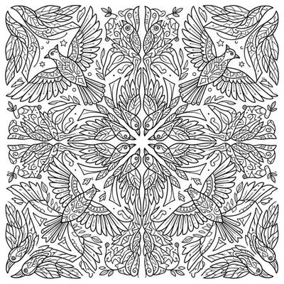 Explore a stunning symmetrical world with this kaleidoscope birds coloring page, specially crafted for teens. Its intricate avian patterns and delicate details offer a captivating and rewarding creative challenge.