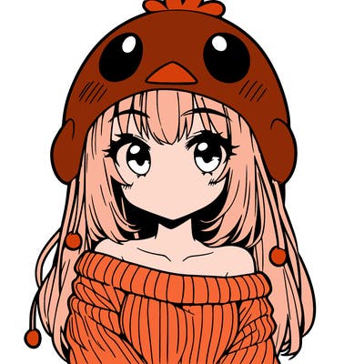 anime girl with chick shaped hat with sweater with bare shoulders with bangs covering them one eye with low tail