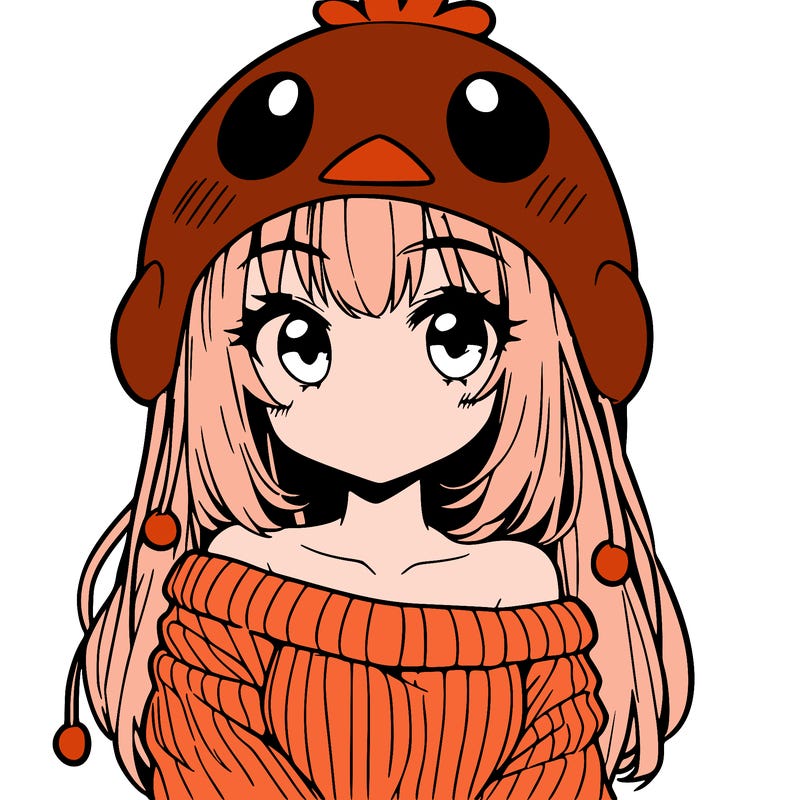 anime girl with chick shaped hat with sweater with bare shoulders with bangs covering them one eye with low tail