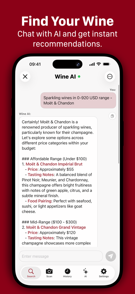 Interface of Wine AI app showing a chat conversation with personalized recommendations for sparkling wines including tasting notes and food pairings