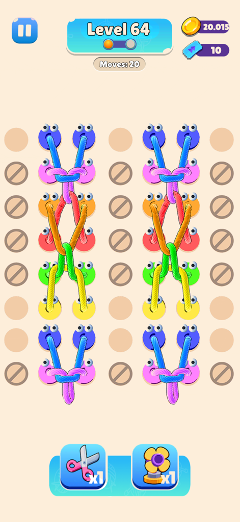 Rope Tangle 3D - Puzzle Game - Gameplay screen of Rope Tangle 3D showing colorful tangled ropes and pins in Level 64