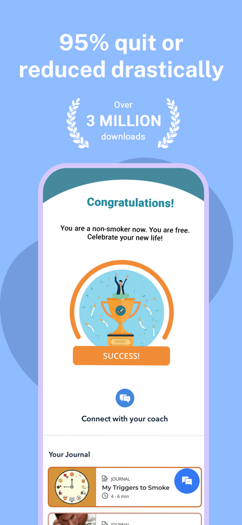 QuitSure app screenshot displaying a success message and trophy for quitting smoking.