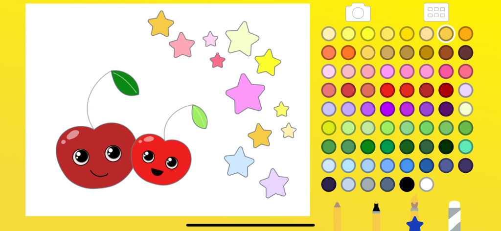 Coloring for Kids and Toddler - A digital coloring page for children featuring two smiling cherries and a vibrant color selection palette.
