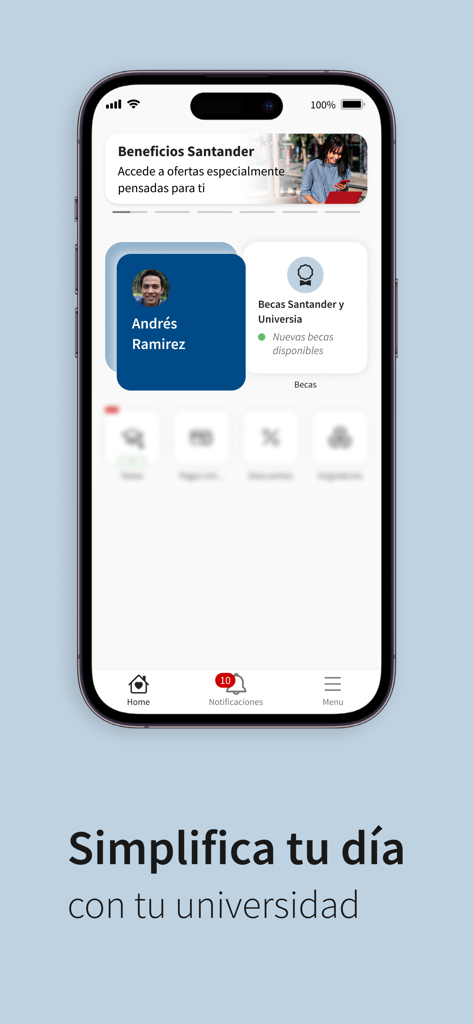 UAEM Campus Digital mobile app interface displaying a student digital credential and Santander university benefits