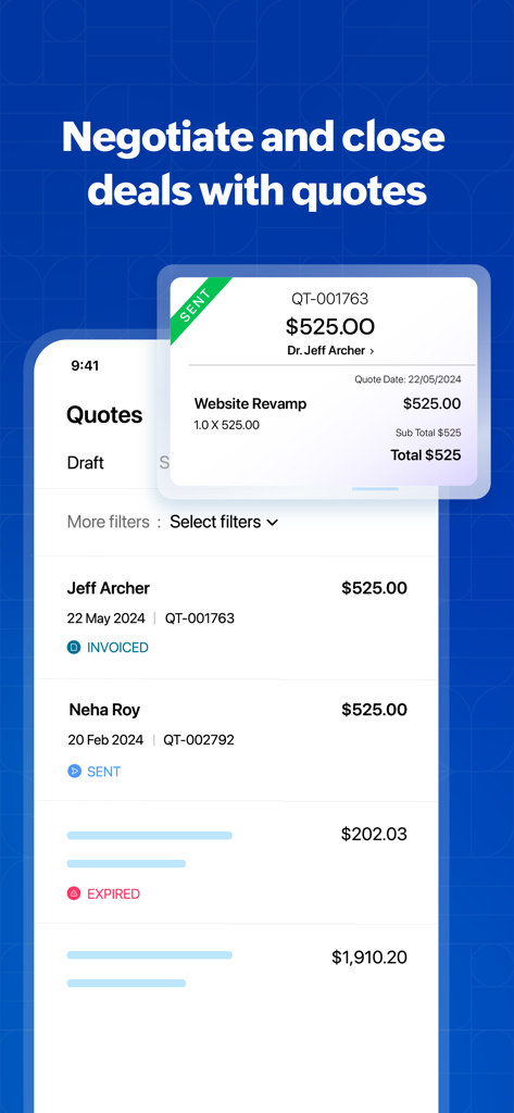 Zoho Invoice Maker App - Mobile interface of Zoho Invoice showing quotes and estimates for small business services.