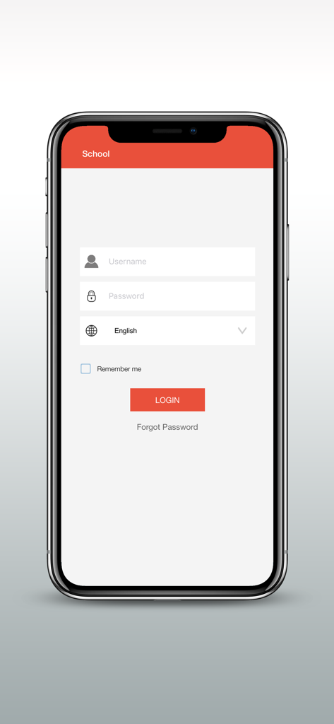 Orison School V2 app login screen on an iPhone with username and password input fields and a language selector.