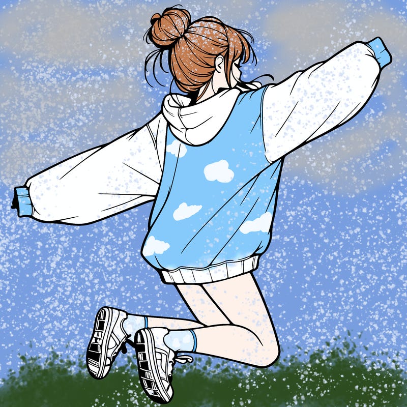 realistic girl jumping with a bun and oversized sweatshirt