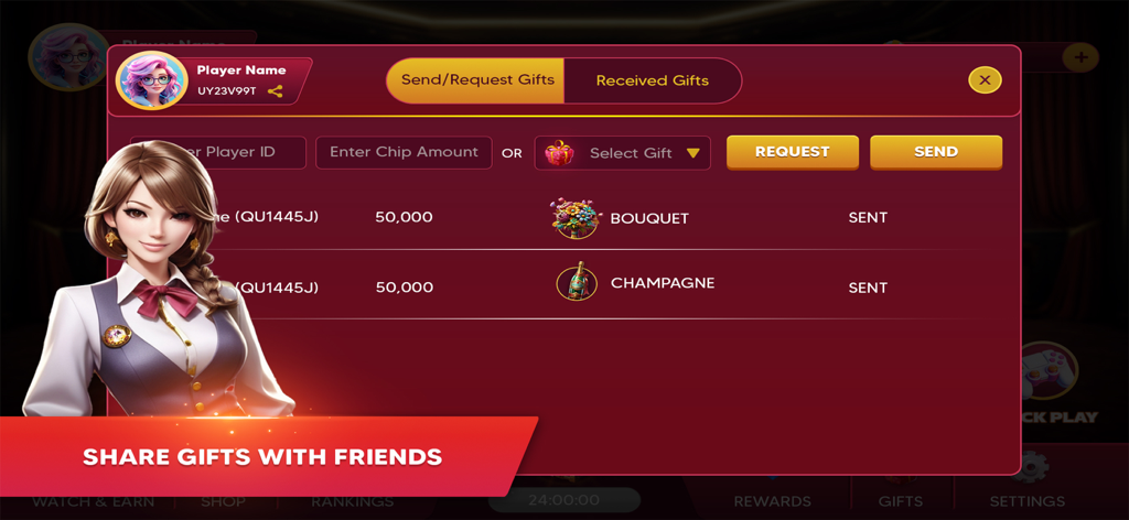 Interfaccia di regalo sociale nell'app Roulette Live Casino per inviare fiches e oggetti virtuali agli amici