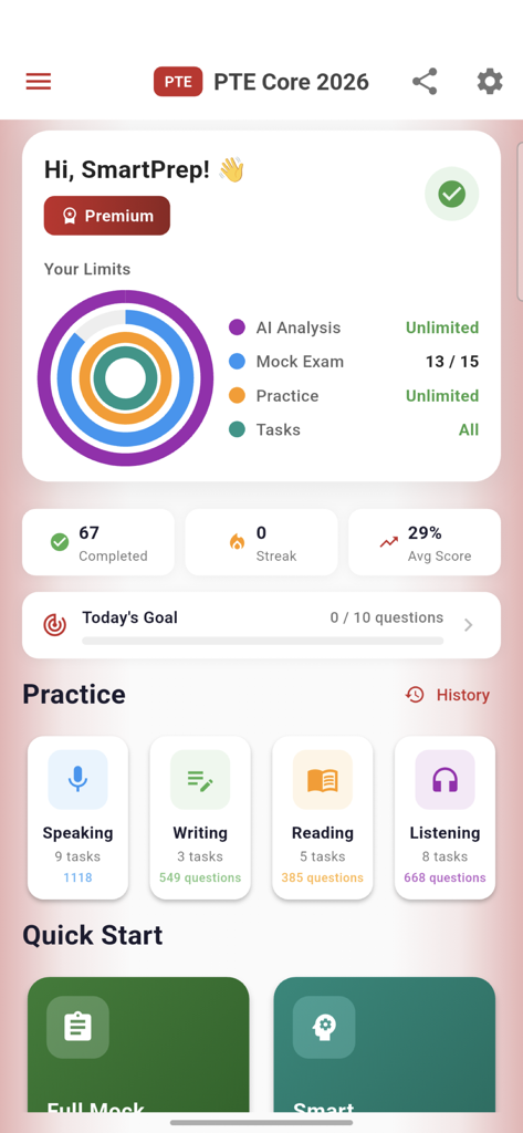 PTE Core 2026 Mock Exam - PTE Core 2026 app dashboard showing study progress and practice sections