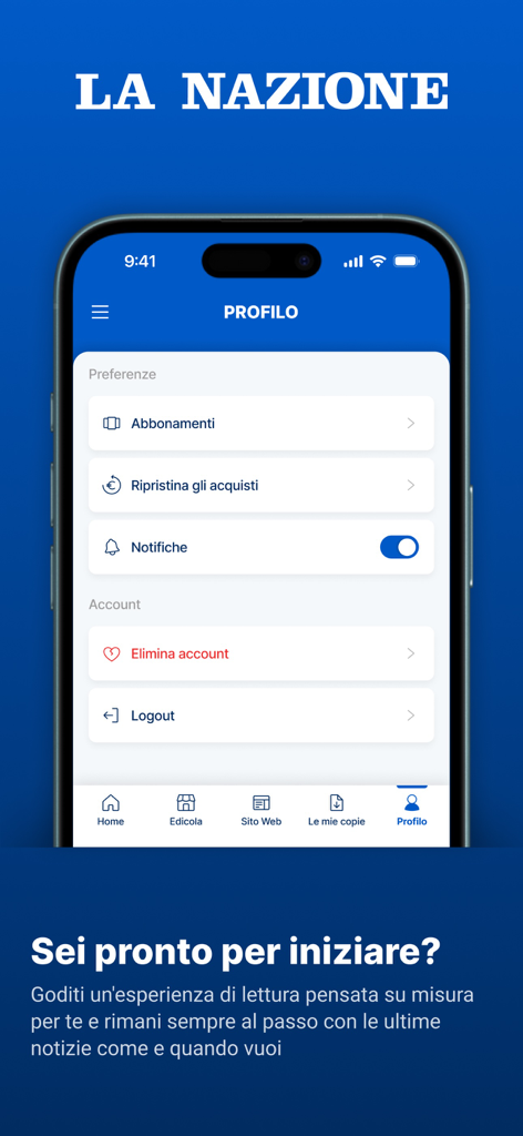 Tela de perfil de usuário do aplicativo de jornal La Nazione mostrando configurações de conta e preferências