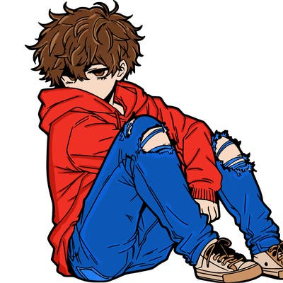 a male hoddie ripped jeans messy hair anime