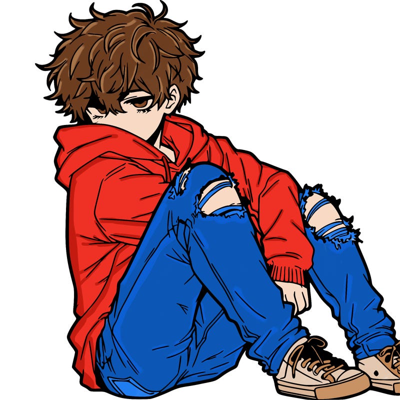 a male hoddie ripped jeans messy hair anime