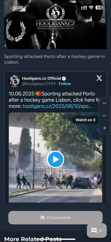 Hooligans.cz - Interfaz de la aplicación móvil Hooligans.cz que muestra una noticia sobre un enfrentamiento de aficionados en Lisboa con un vídeo incrustado.