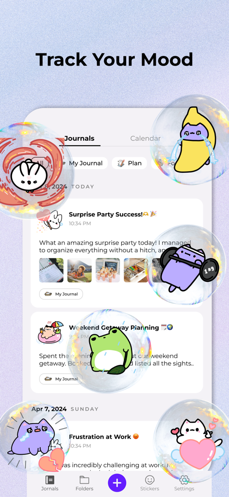 Interface of the Miuu Note app showing personal journal entries decorated with cute animated mood stickers and aesthetic bubbles.