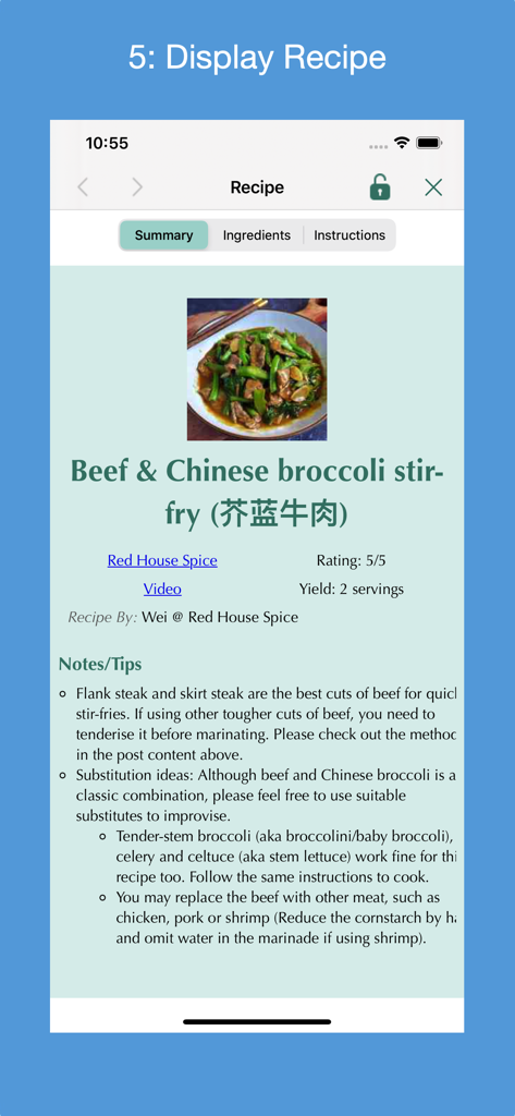 Displaying a Beef and Chinese broccoli stir fry recipe in the Recipe Collector app