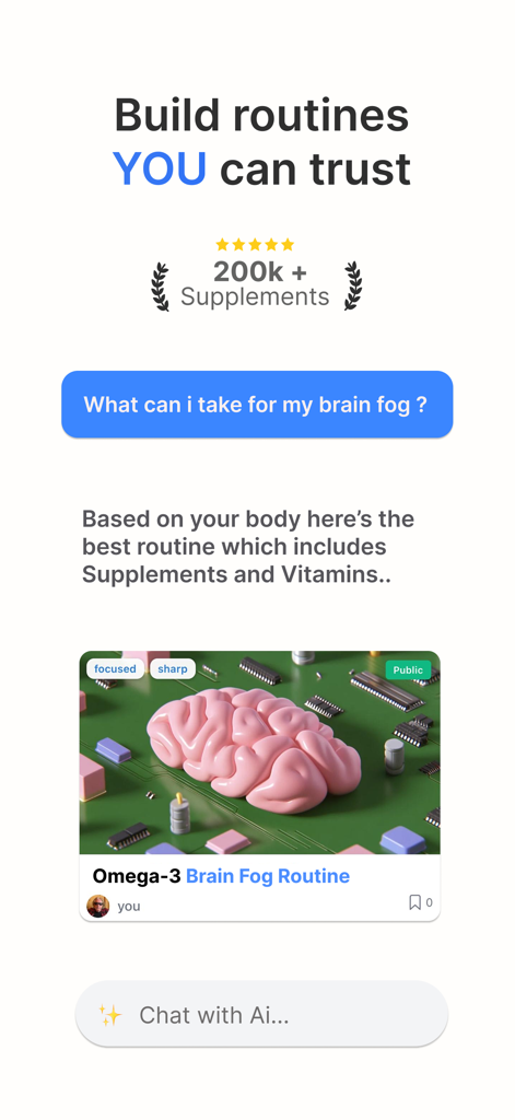 AI-powered supplement routine for brain fog within the Suppi mobile app.