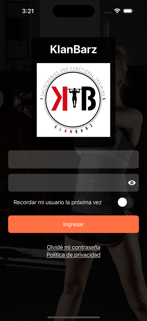 KlanbarzApp - Login screen of the Klanbarz gym app for calisthenics and functional training