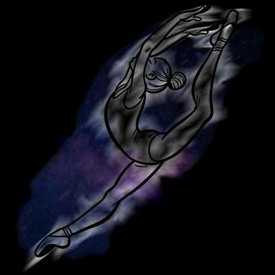 gymnast doing a leap in a leotard with a bent back leg