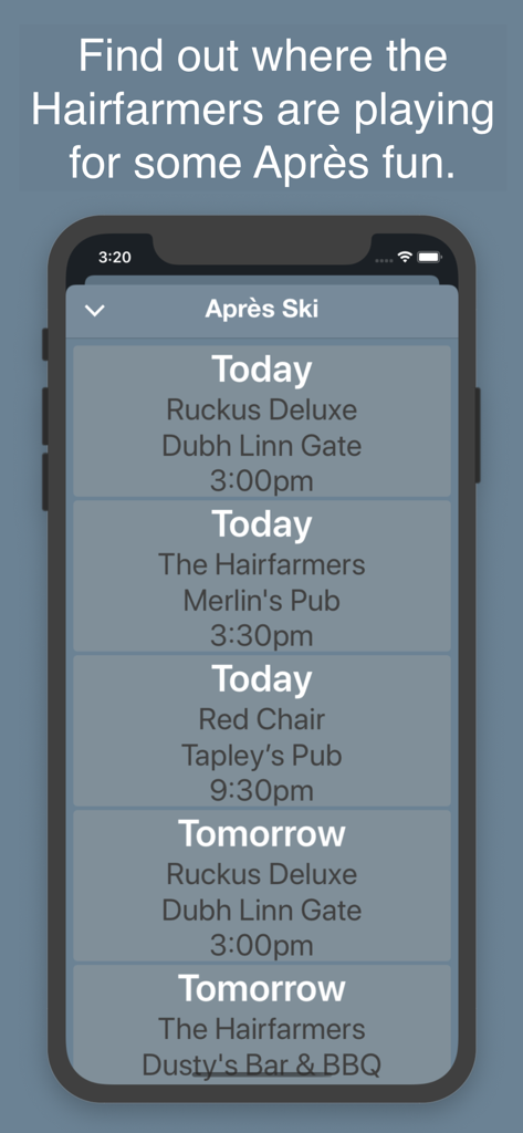 PowDay - A screenshot of the PowDay app showing the Après Ski music schedule for bands like The Hairfarmers at Whistler Blackcomb