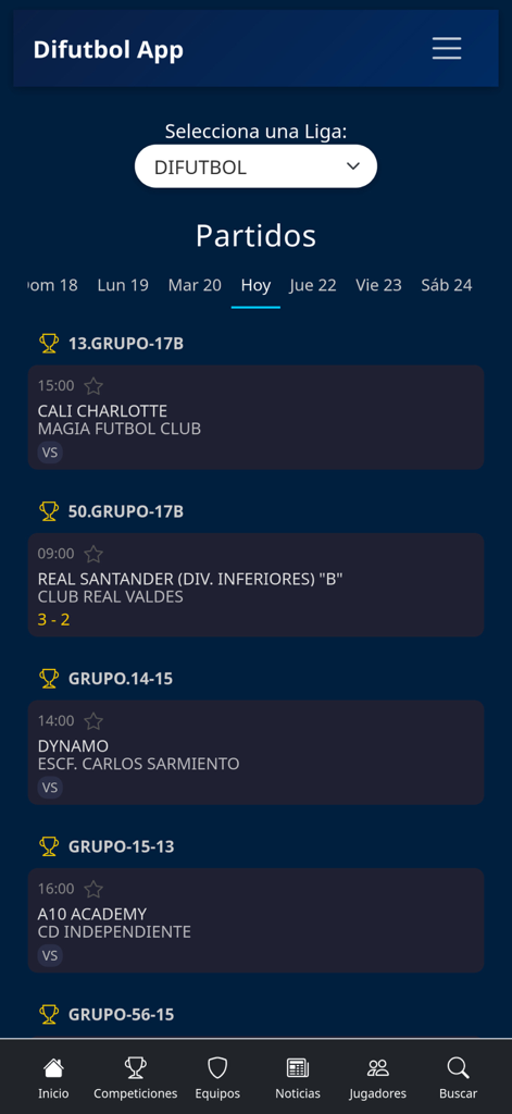 Difutbol App - Screenshot of the Difutbol App showing a list of soccer matches categorized by group with dates and scores