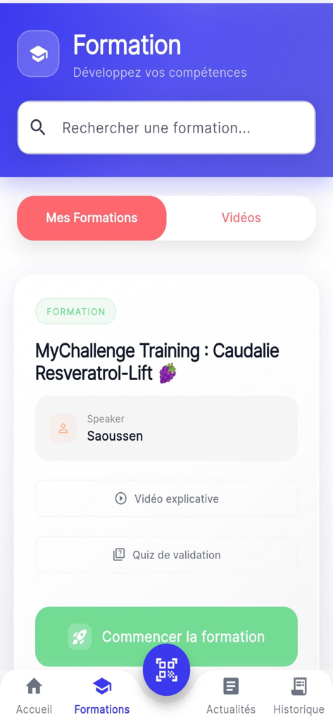 Novopharma MyChallenge - Novopharma MyChallenge app training screen showing a product course and validation quiz for pharmacy technicians.