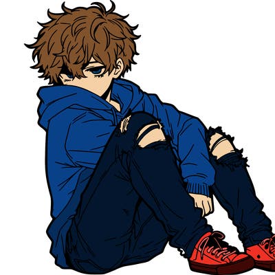 a male hoddie ripped jeans messy hair anime