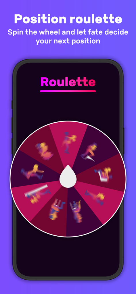 Sex Adventure: Sex Positions - Écran de jeu de la roulette des positions de l'application Sex Adventure montrant une roue qui tourne avec des positions sexuelles pour les couples.