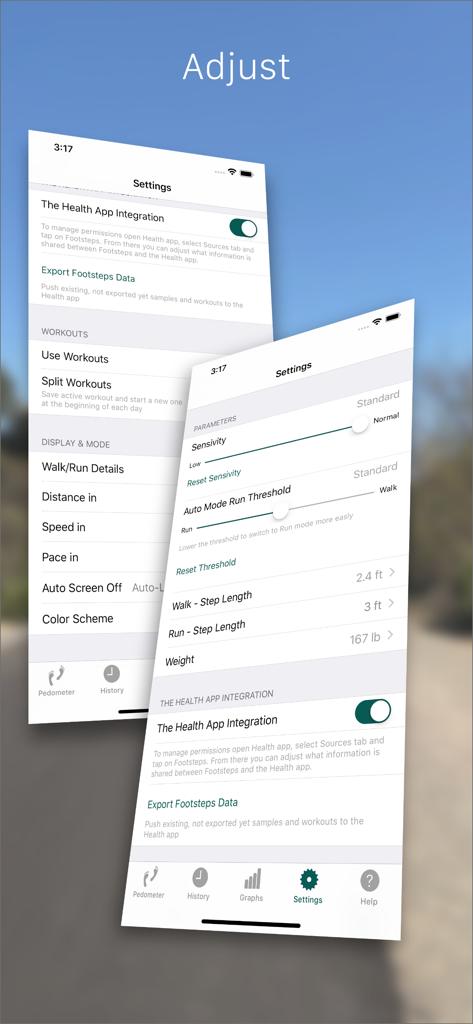 Settings screen of the Footsteps Pedometer app showing customization options and Apple Health integration