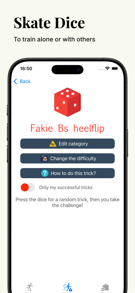 La pantalla de Skate Dice que muestra un desafío de truco de patineta aleatorio para un Fakie Bs heelflip