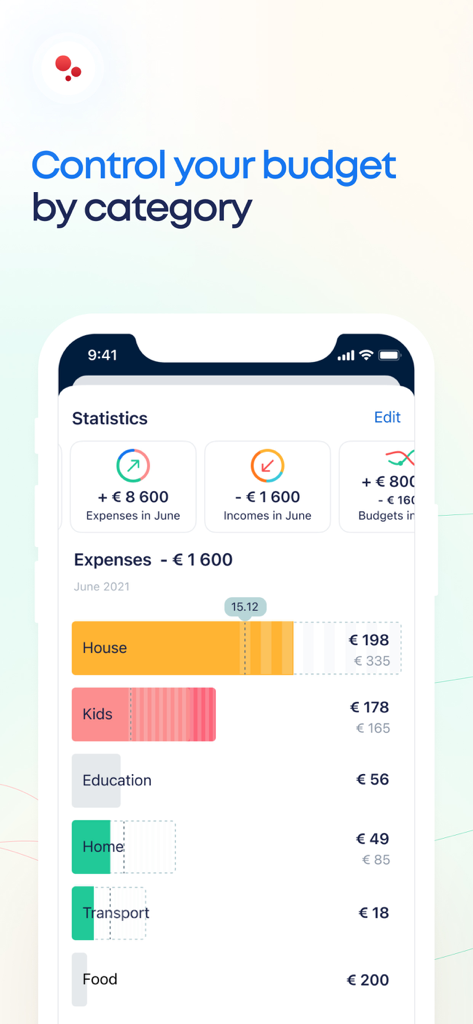 CoinKeeper 3 - money manager - CoinKeeper 3モバイルアプリのインターフェース。月間支出統計とカテゴリ別の視覚的な予算追跡が表示されています。