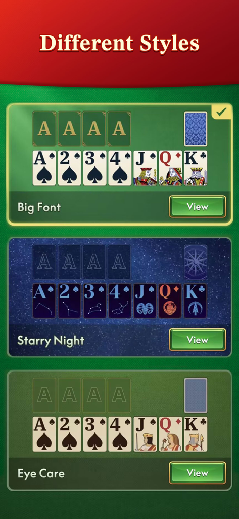 Solitaire Master - Classic - Screenshot of Solitaire Master game showing different visual styles like Big Font and Eye Care themes