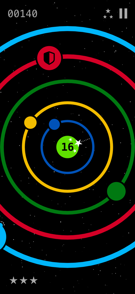 Ring Rush - Pop 'Til You Drop! - Gameplay of Ring Rush showing colorful concentric rings and a central shooting mechanic on a starry background.